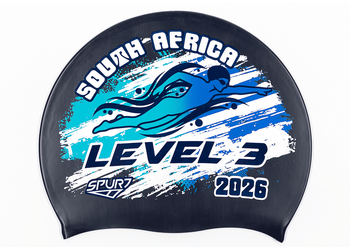 LEVEL 3 2026 in Slanted Font and Grungy Brush on F248 Midnight Navy Spurt Silicone Swim Cap