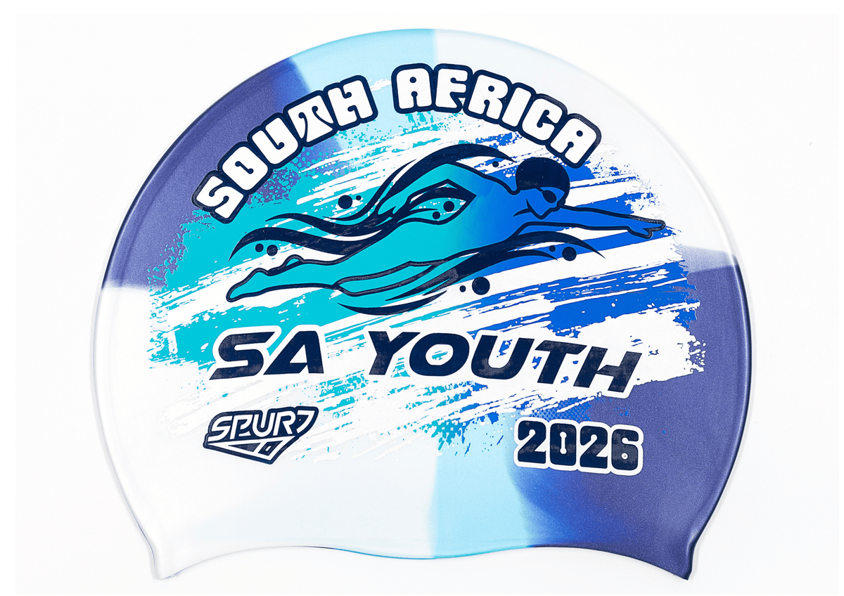 SA YOUTH 2026 in Slanted Font and Grungy Brush on MS150 Navy, Light Blue and Ice Blue Dappled Blend Spurt Silicone Swim Cap