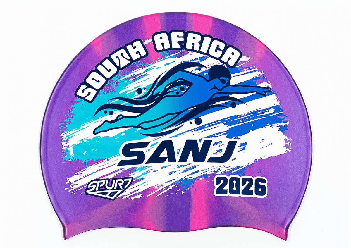 SANJ 2026 in Slanted Font and Grungy Brush on Mi114 Dark Purple and Pink Vertical Stripes Spurt Silicone Swim Cap