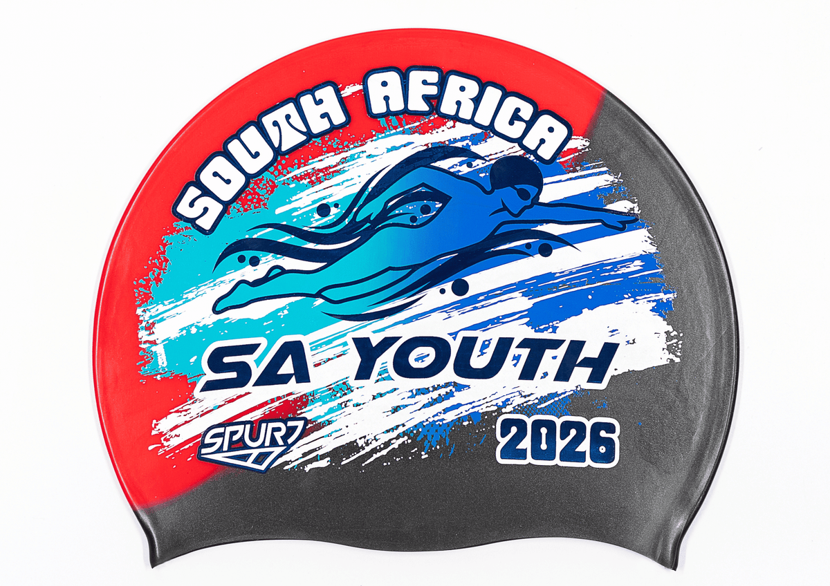 SA YOUTH 2026 in Slanted Font and Grungy Brush on MW92 Red and Black Diagonal Blend Spurt Silicone Swim Cap