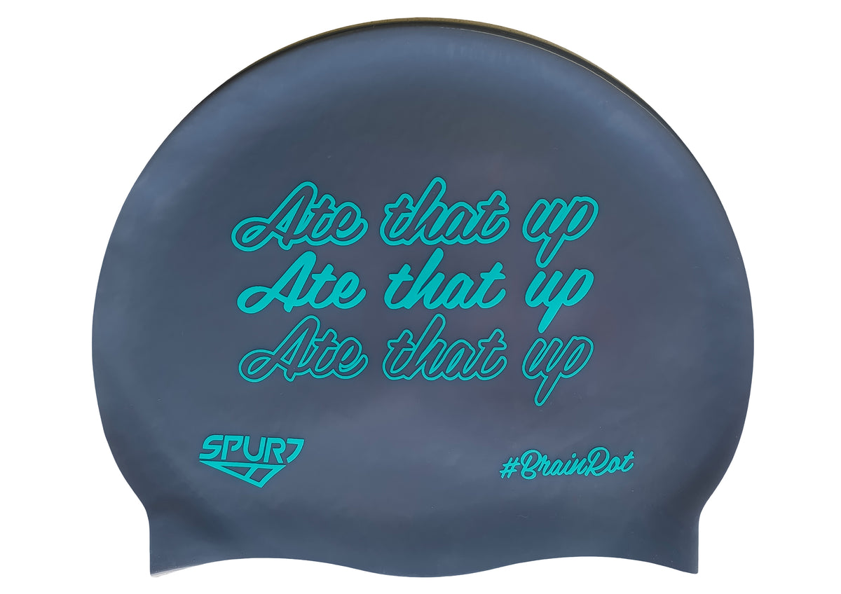 BrainRot Ate That Up on F210 Dark Grey Spurt Silicone Swim Cap
