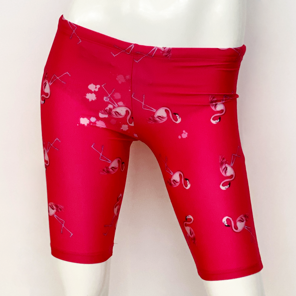 Kikx Extra Life Jammer Swimsuit in Full Print Flamingos in Splashes on Bright Pink