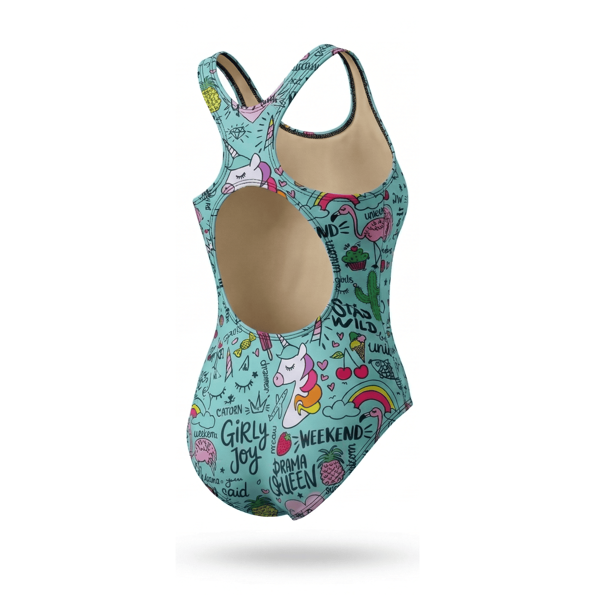 Kikx Extra Life Fastback Swimsuit in Unicorn and Summer Theme on Aqua Green