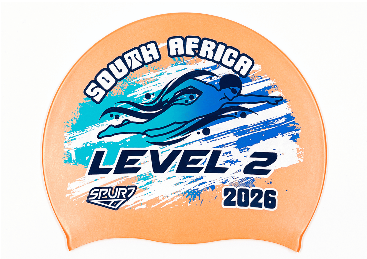 LEVEL 2 2026 in Slanted Font and Grungy Brush on SC19 Metallic Orange Spurt Silicone Swim Cap