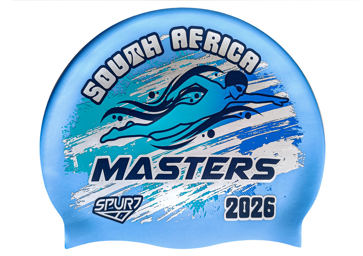 MASTERS 2026 in Slanted Font and Grungy Brush on SB12 Lavender Blue Spurt Silicone Swim Cap