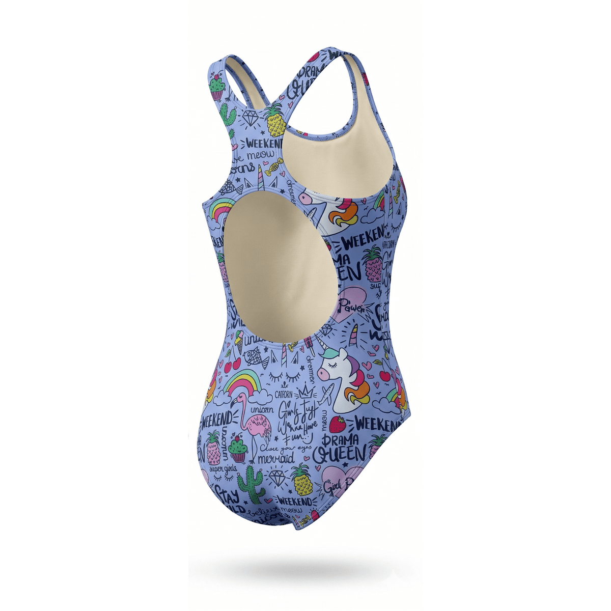 Kikx Extra Life Fastback Swimsuit in Unicorn and Summer Theme on Light Lilac