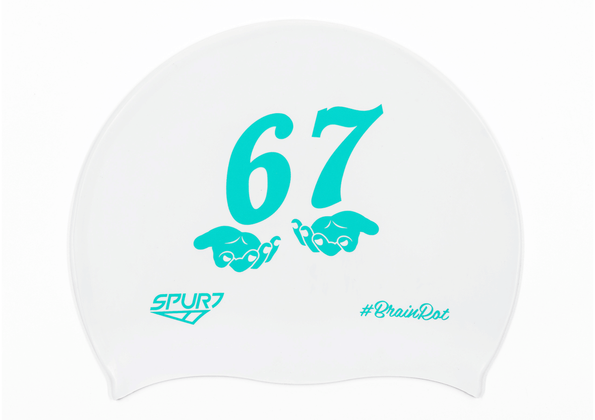 BrainRot 67 With Hands on F211 Cool White Aqua Marine Print Spurt Silicone Swim Cap