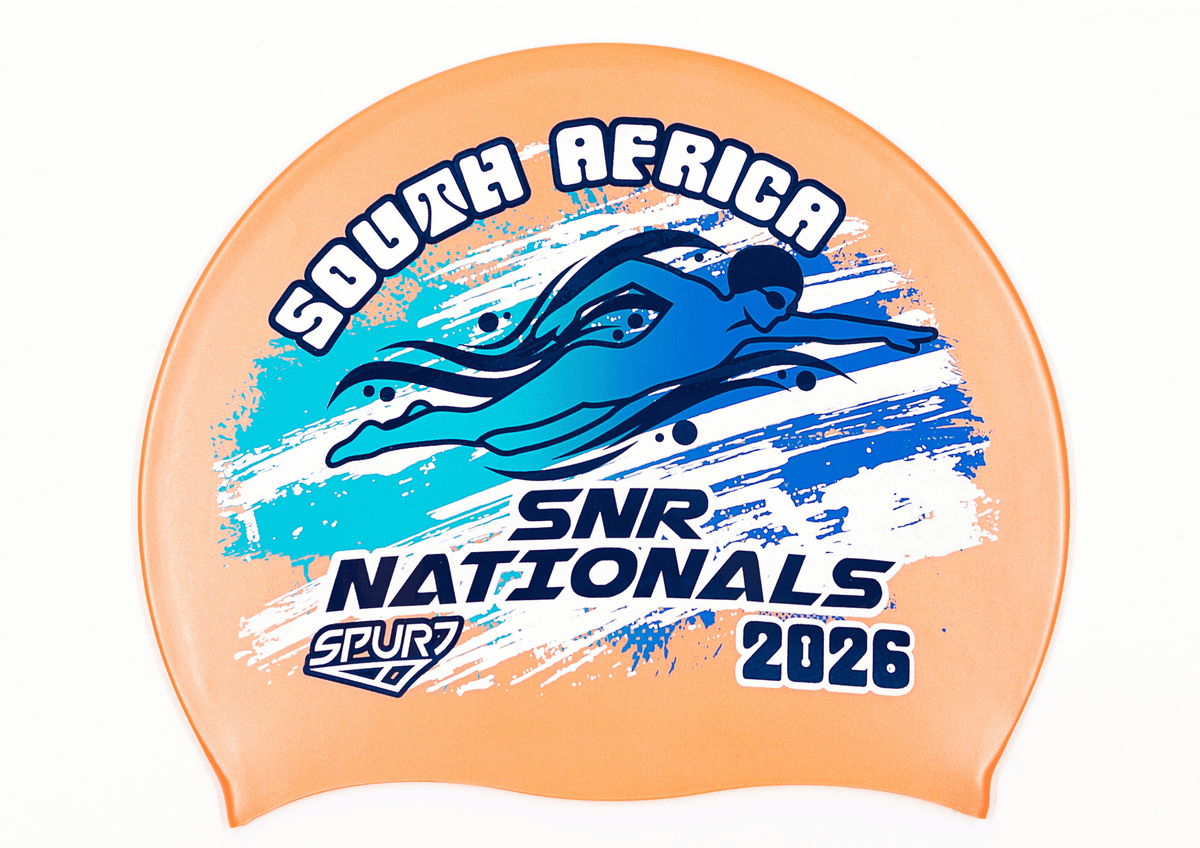 SANS 2026 in Slanted Font and Grungy Brush on SC19 Metallic Orange Spurt Silicone Swim Cap