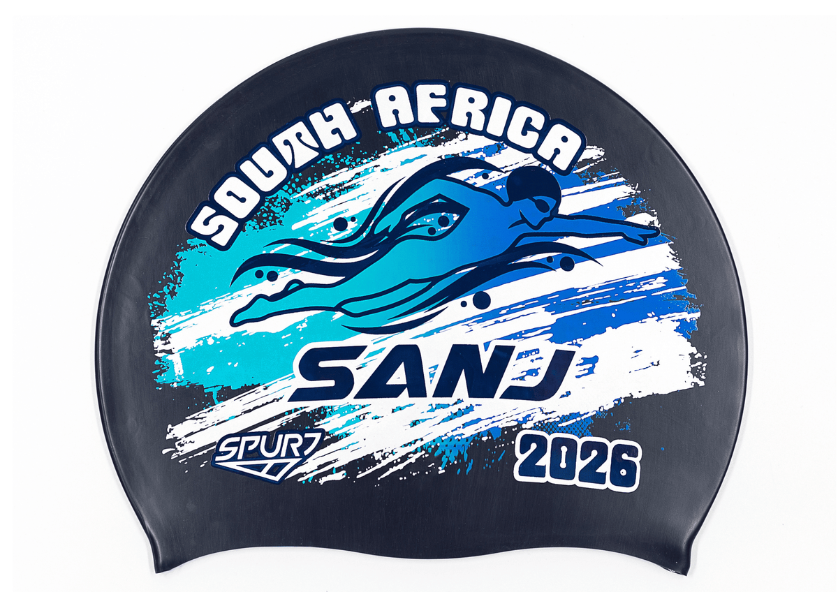 SANJ 2026 in Slanted Font and Grungy Brush on F248 Midnight Navy Spurt Silicone Swim Cap