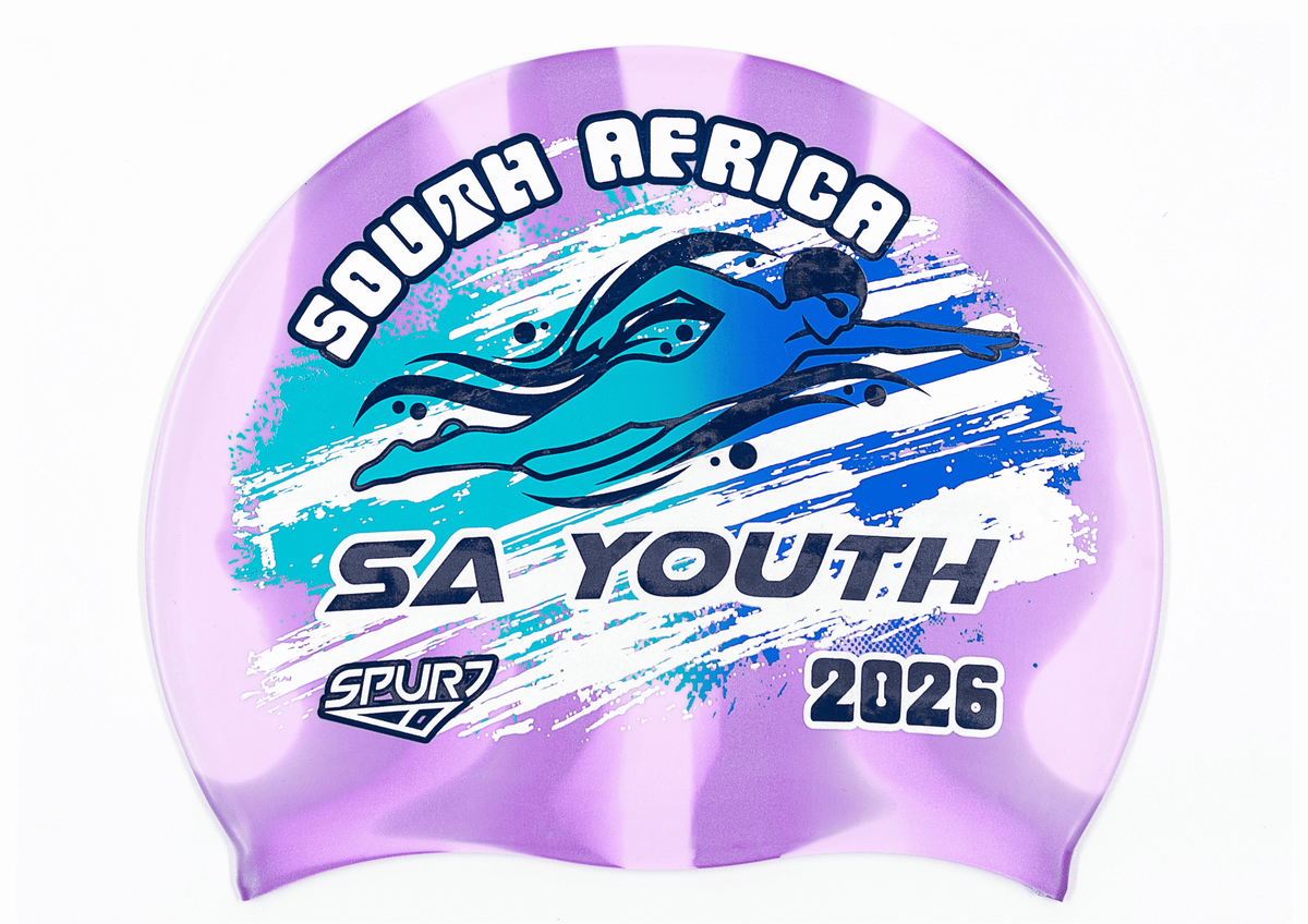 SA YOUTH 2026 in Slanted Font and Grungy Brush on Mi110 Violet and Light Purple Vertical Stripes Spurt Silicone Swim Cap