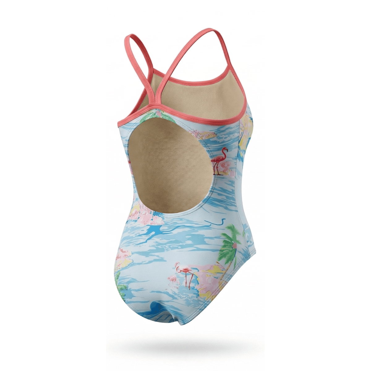 Kikx Extra Life Thin Strap Swimsuit in Tropical Haze Print with Pale Pink Straps