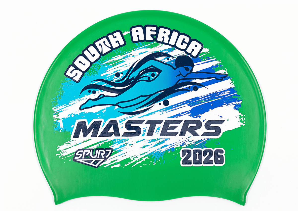 MASTERS 2026 in Slanted Font and Grungy Brush on F217 Mid Green Spurt Silicone Swim Cap