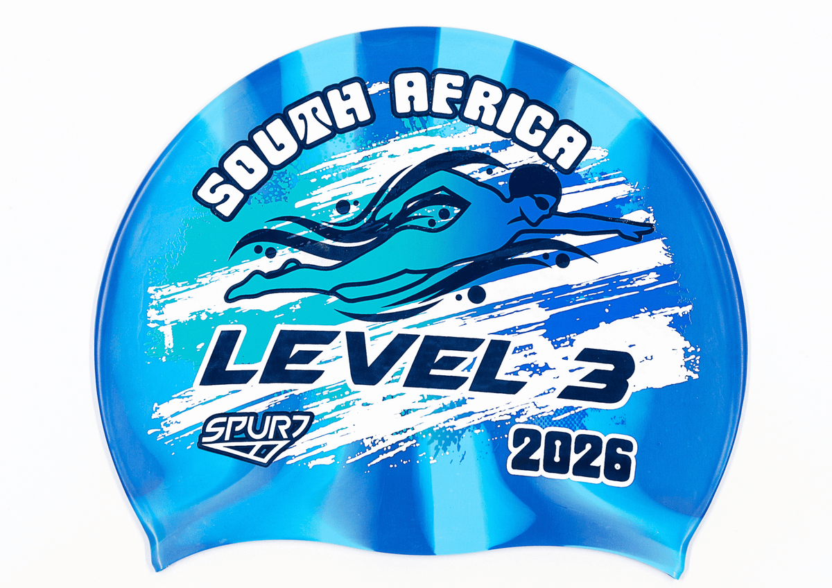 LEVEL 3 2026 in Slanted Font and Grungy Brush on Mi1 Dark Blue and Light Blue Vertical Stripes Spurt Silicone Swim Cap