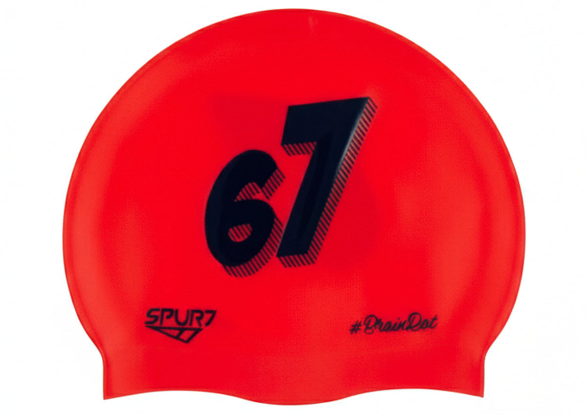 BrainRot 67 on F214 Neon Coral Spurt Silicone Swim Cap