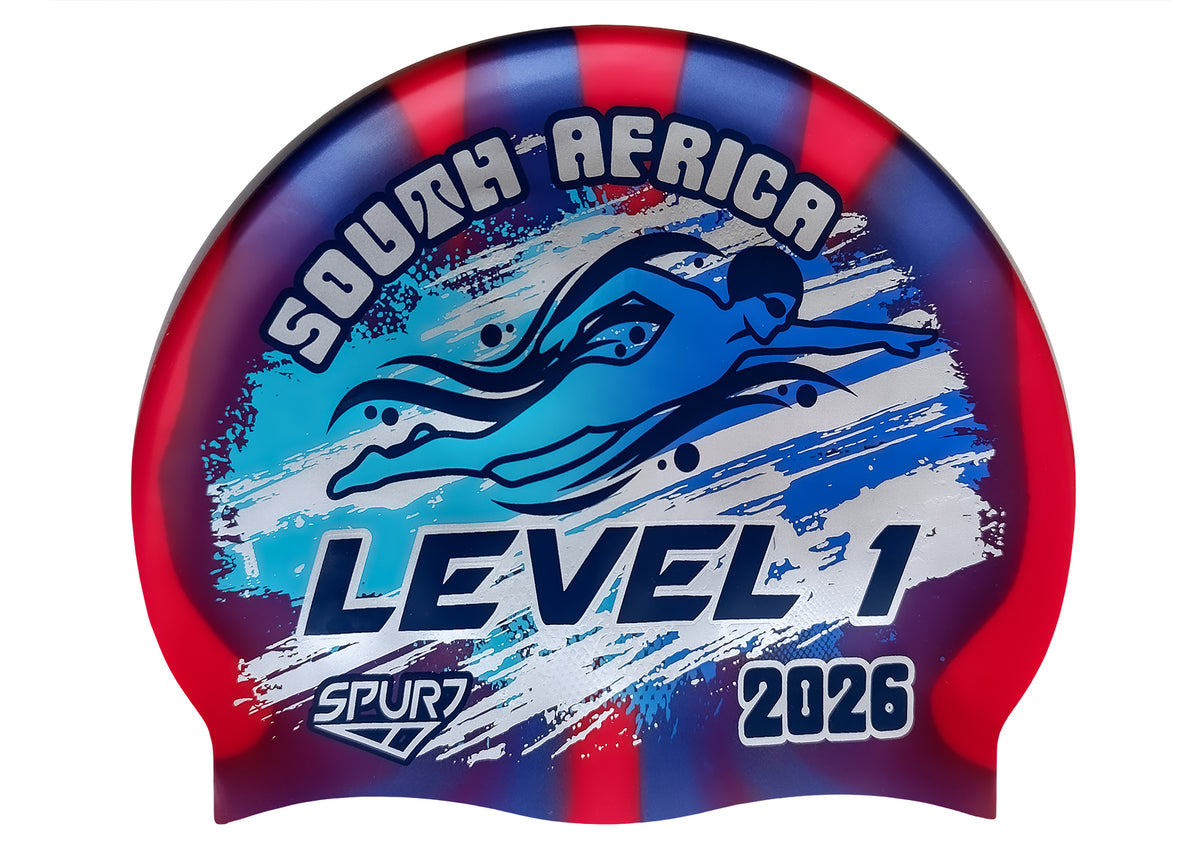 Level 1 2026 in Slanted Font and Grungy Brush on Mi120 Red & Navy Vertical Stripes Spurt Silicone Swim Cap