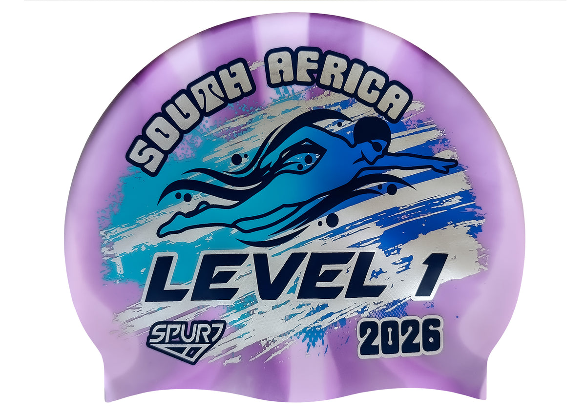 Level 1 2026 in Slanted Font and Grungy Brush on Mi110 Violet & Light Purple Vertical Stripes Spurt Silicone Swim Cap