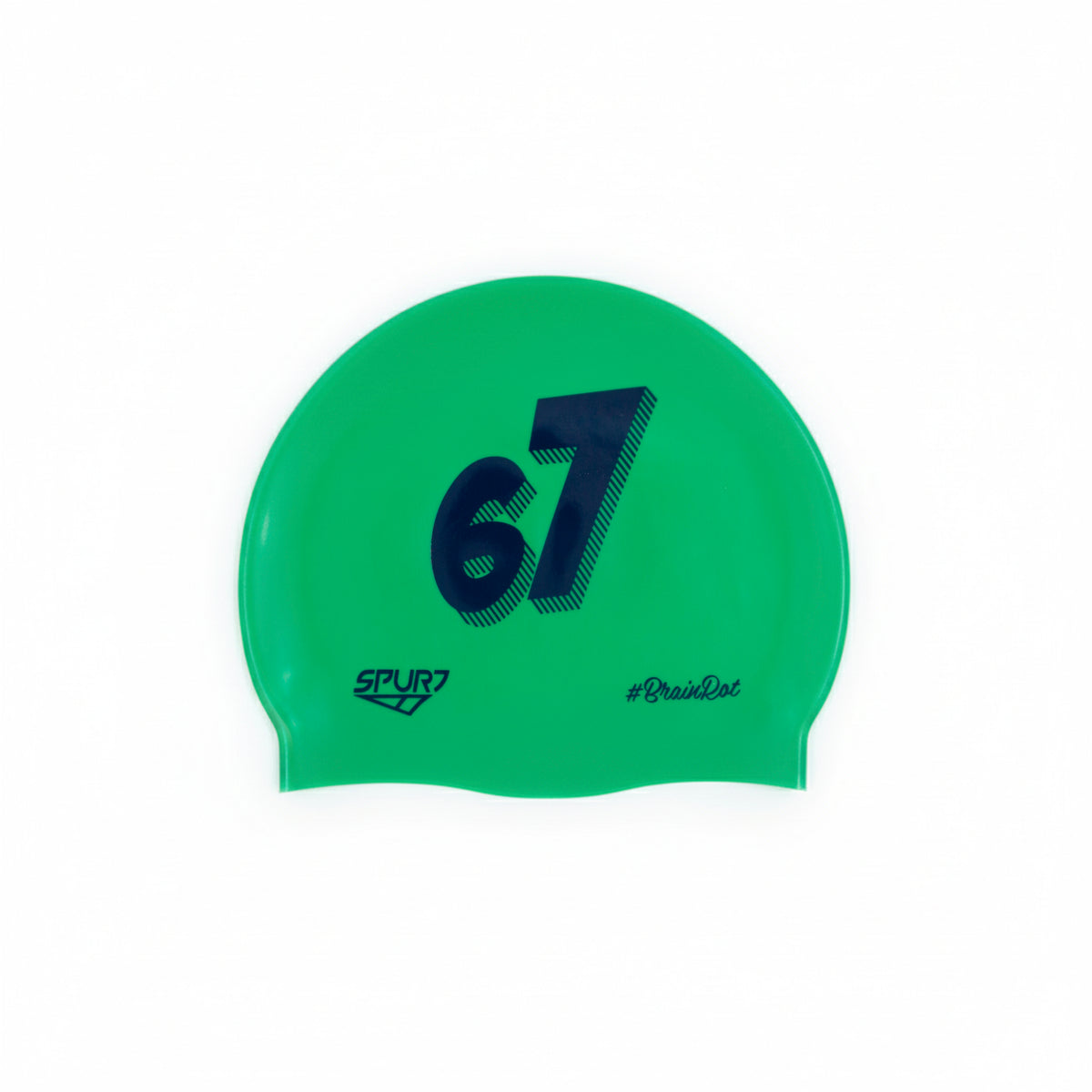 BrainRot 67 on F217 Mid Green Spurt Silicone Swim Cap