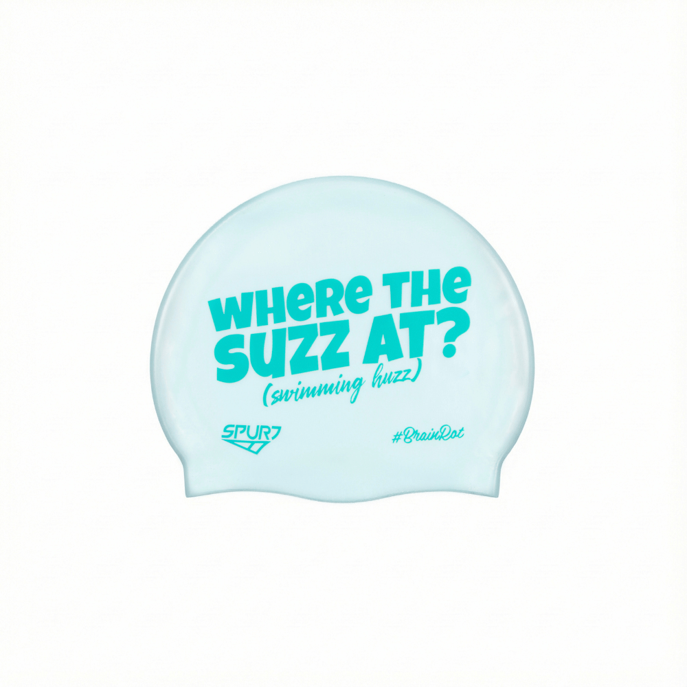 BrainRot Where The Suzz At on G101 Pale Blue Spurt Silicone Swim Cap