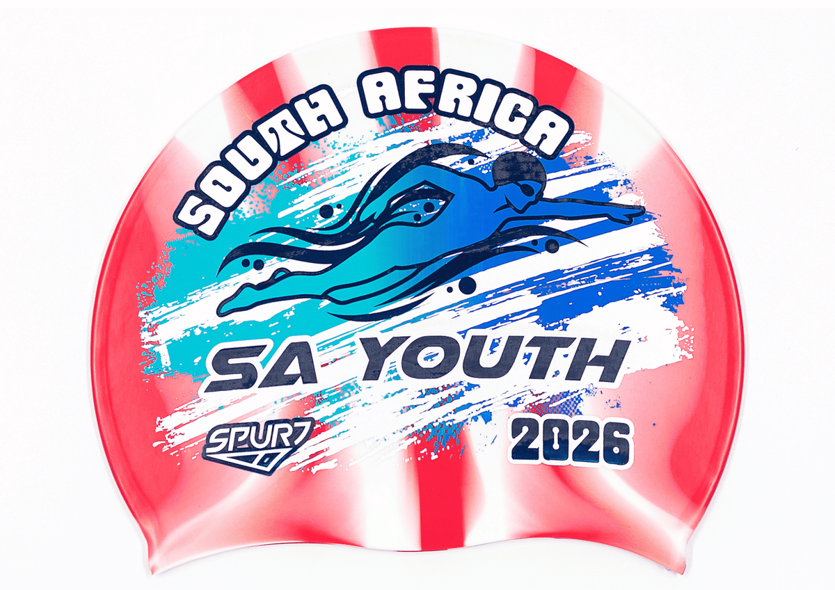 SA YOUTH 2026 in Slanted Font and Grungy Brush on Mi139 Red and White Vertical Stripes Spurt Silicone Swim Cap