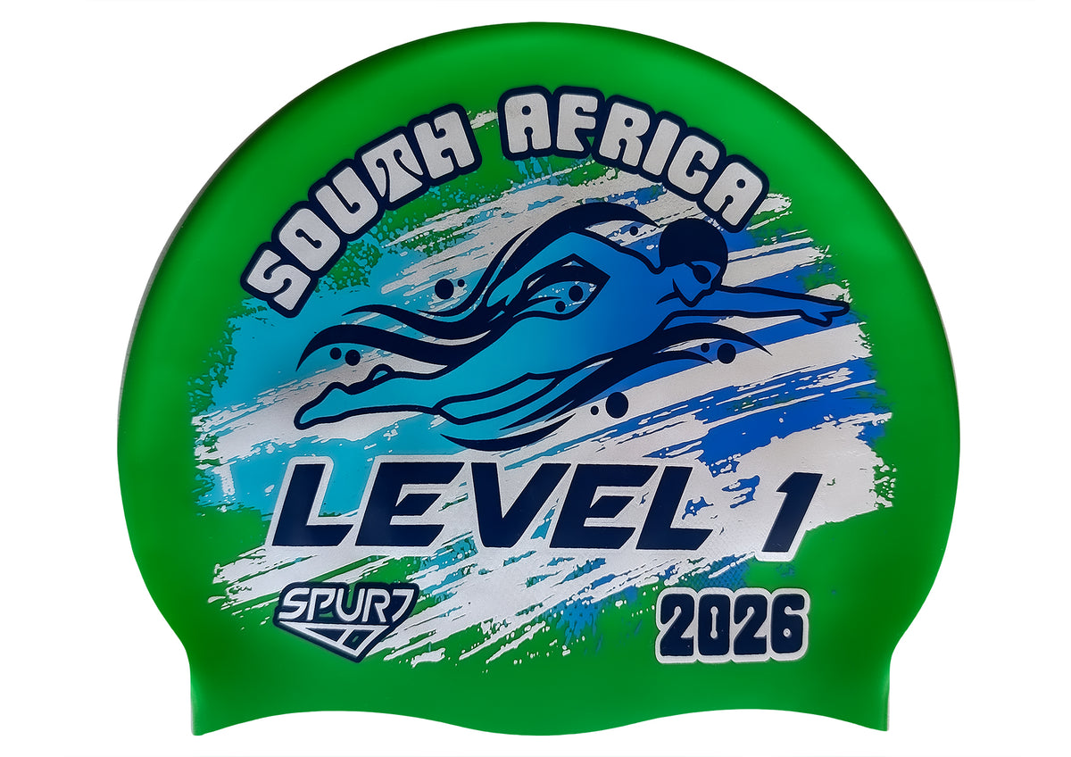 Level 1 2026 in Slanted Font and Grungy Brush on F217 Mid Green Spurt Silicone Swim Cap