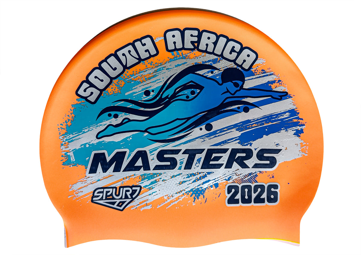 MASTERS 2026 in Slanted Font and Grungy Brush on SC19 Metalic Orange Spurt Silicone Swim Cap