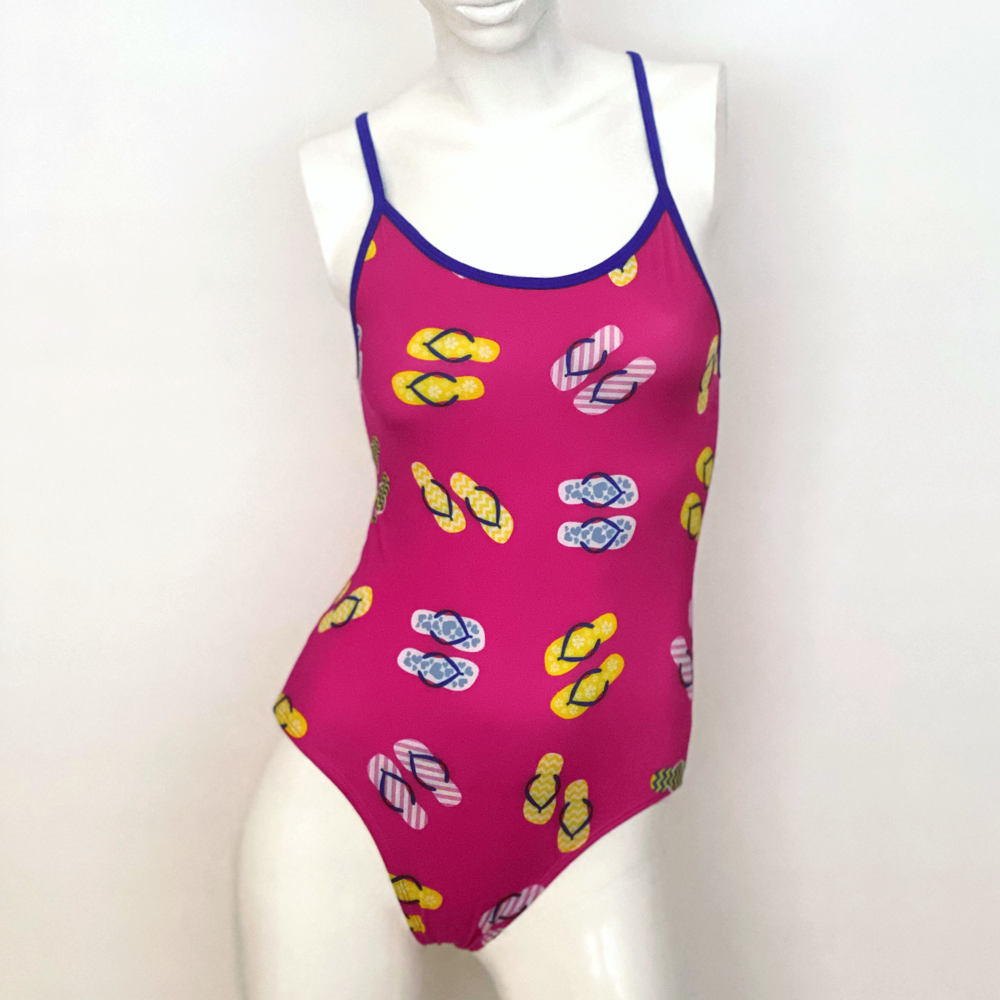 Kikx Extra Life Thin Strap Swimsuit in Slip Slops on Bright Pink with Royal Blue Straps