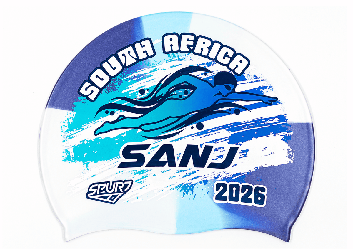 SANJ 2026 in Slanted Font and Grungy Brush on MS150 Navy, Light Blue and Ice Blue Dappled Blend Spurt Silicone Swim Cap