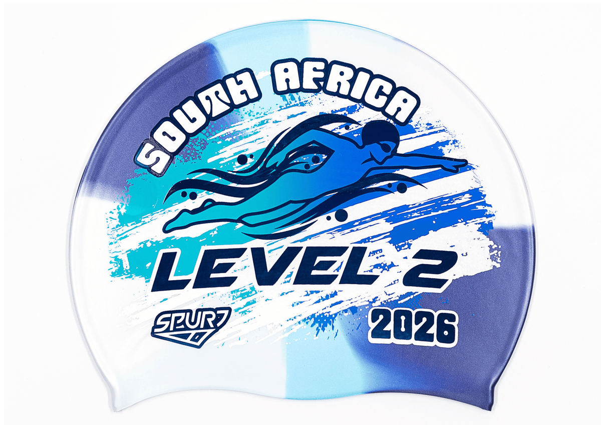 LEVEL 2 2026 in Slanted Font and Grungy Brush on MS150 Navy, Light Blue and Ice Blue Dappled Blend Spurt Silicone Swim Cap