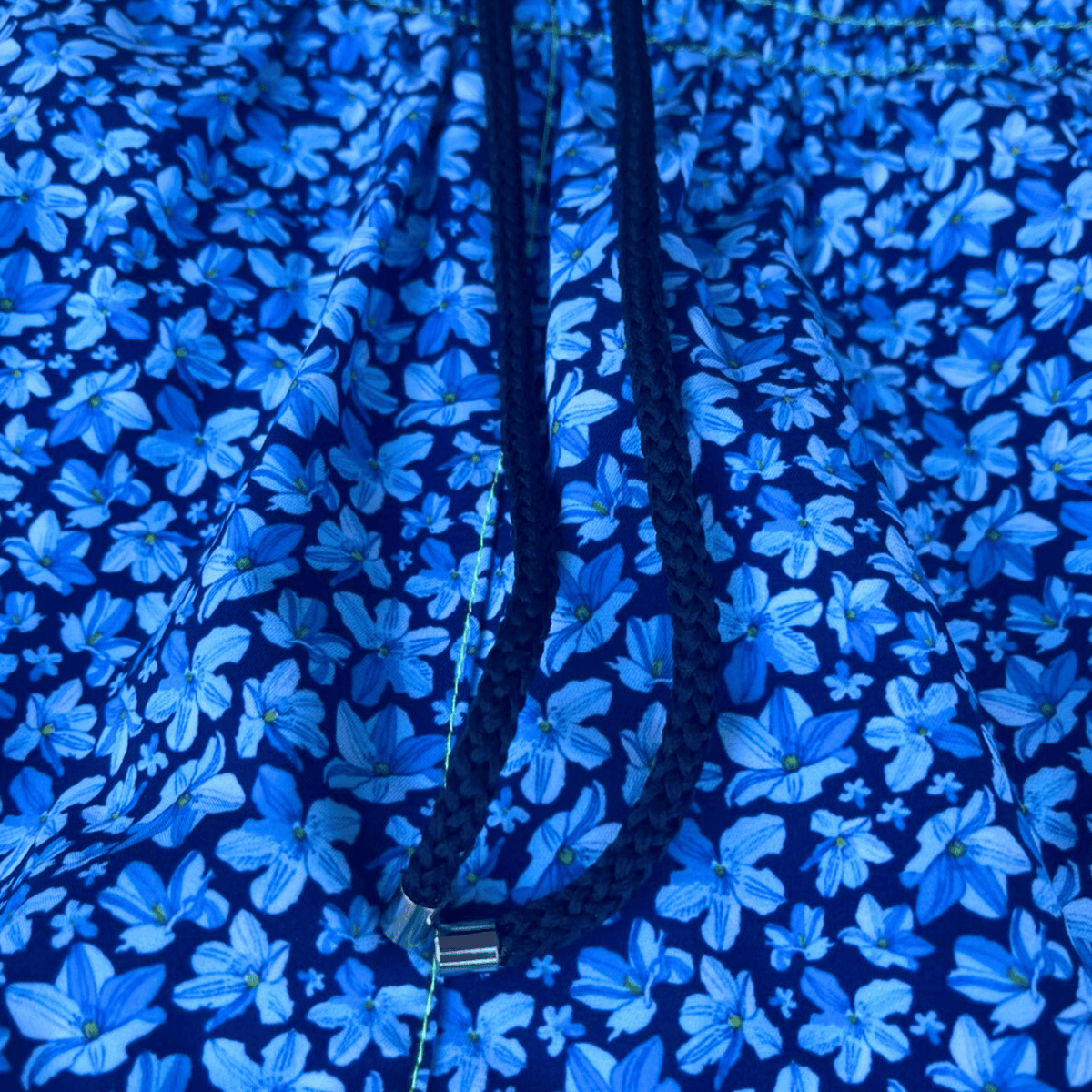 Kikx Dark Blue Midnight Bloom Board Shorts with Neon Yellow Mesh Mid Thigh Inner