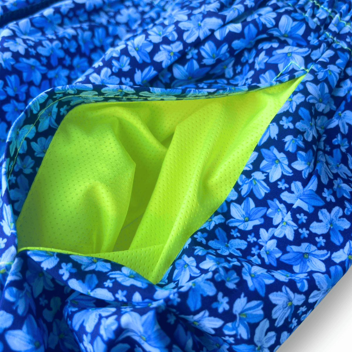 Kikx Dark Blue Midnight Bloom Board Shorts with Neon Yellow Mesh Mid Thigh Inner