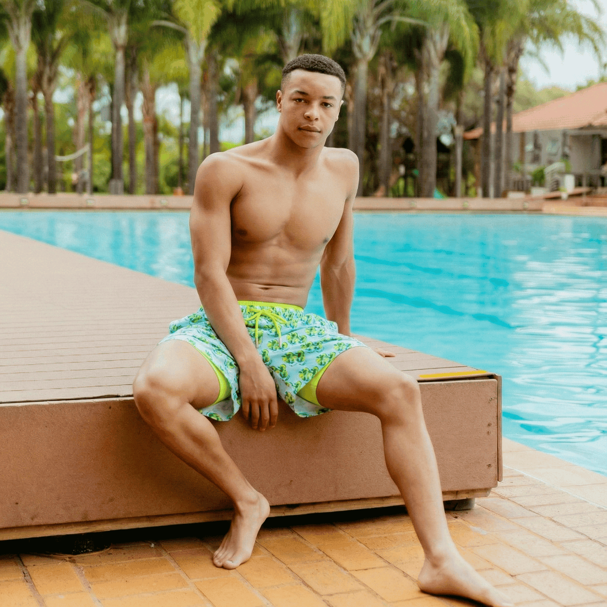 Kikx Mint Mojito Splash Board Shorts with Neon Yellow Mesh Mid Thigh Inner