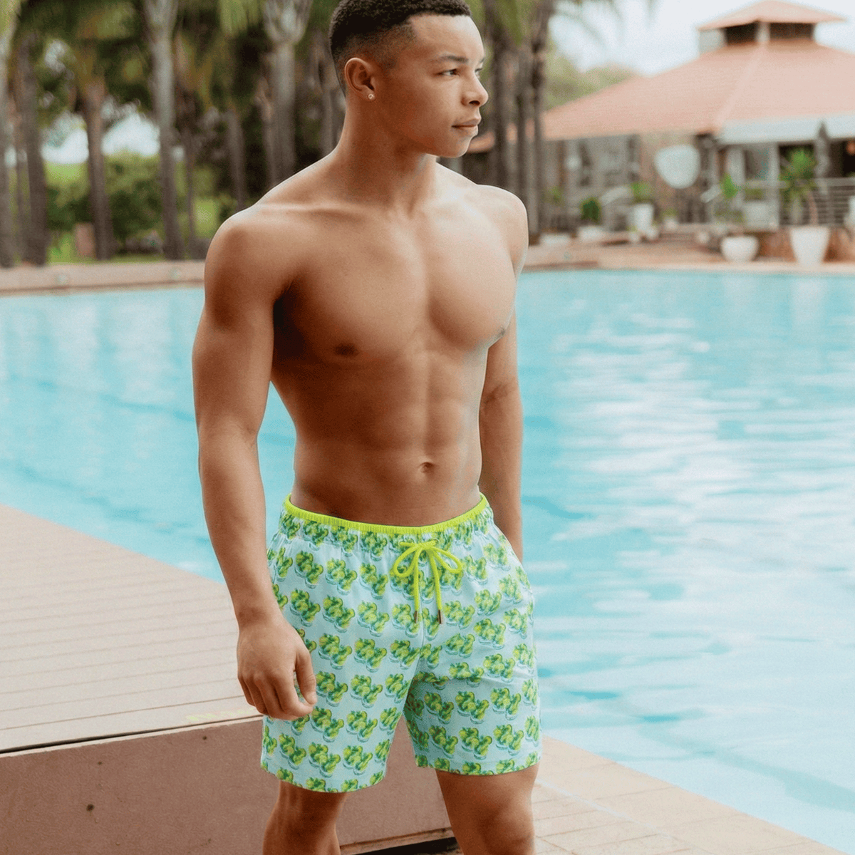 Kikx Mint Mojito Splash Board Shorts with Neon Yellow Mesh Mid Thigh Inner