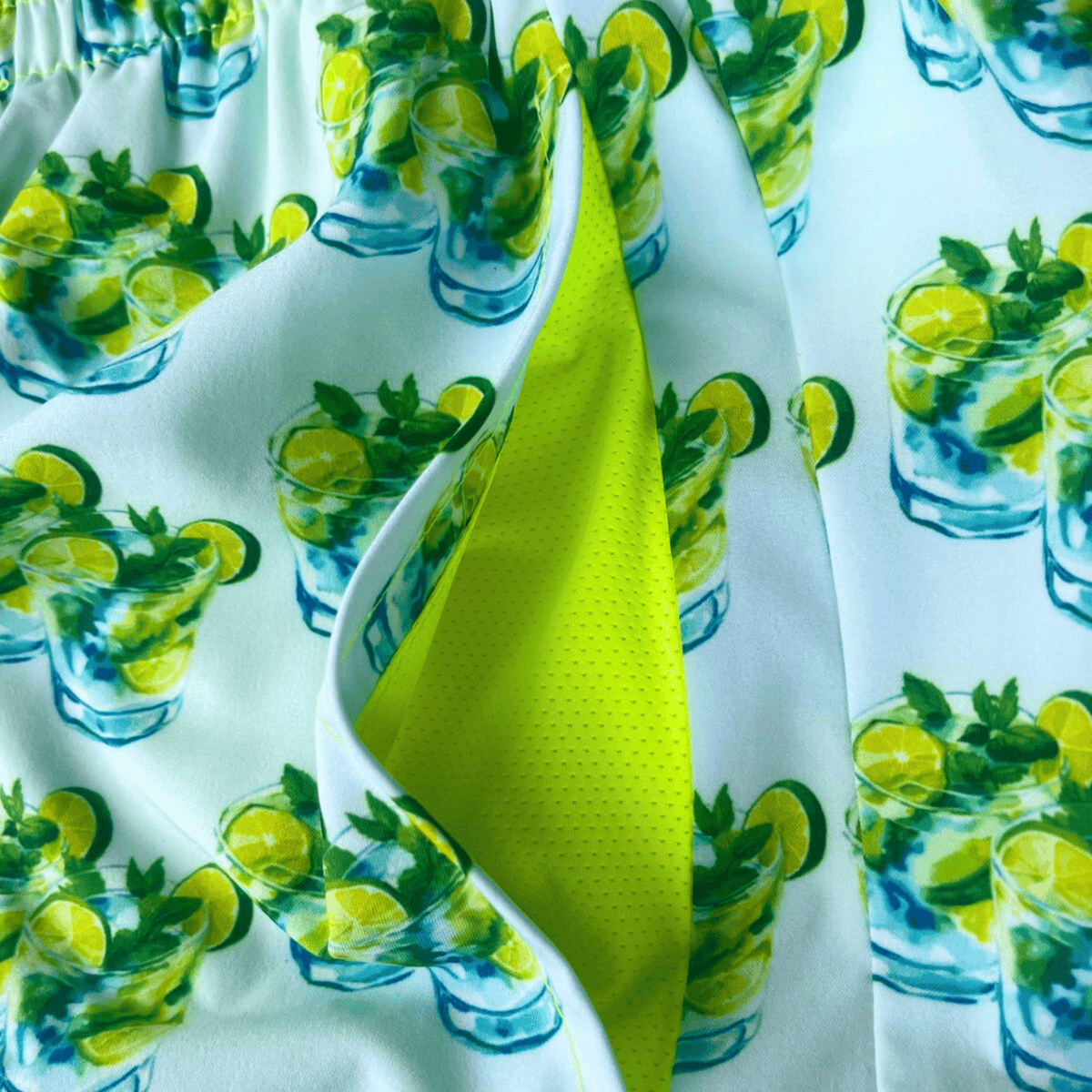 Kikx Mint Mojito Splash Board Shorts with Neon Yellow Mesh Mid Thigh Inner