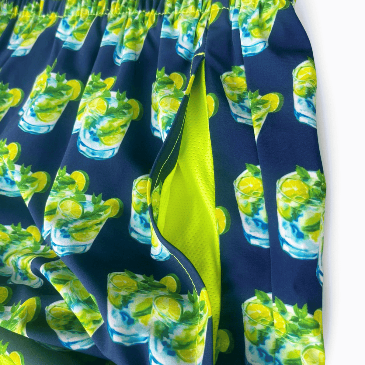 Kikx Navy Mojito Splash Board Shorts with Neon Yellow Mesh Mid Thigh Inner