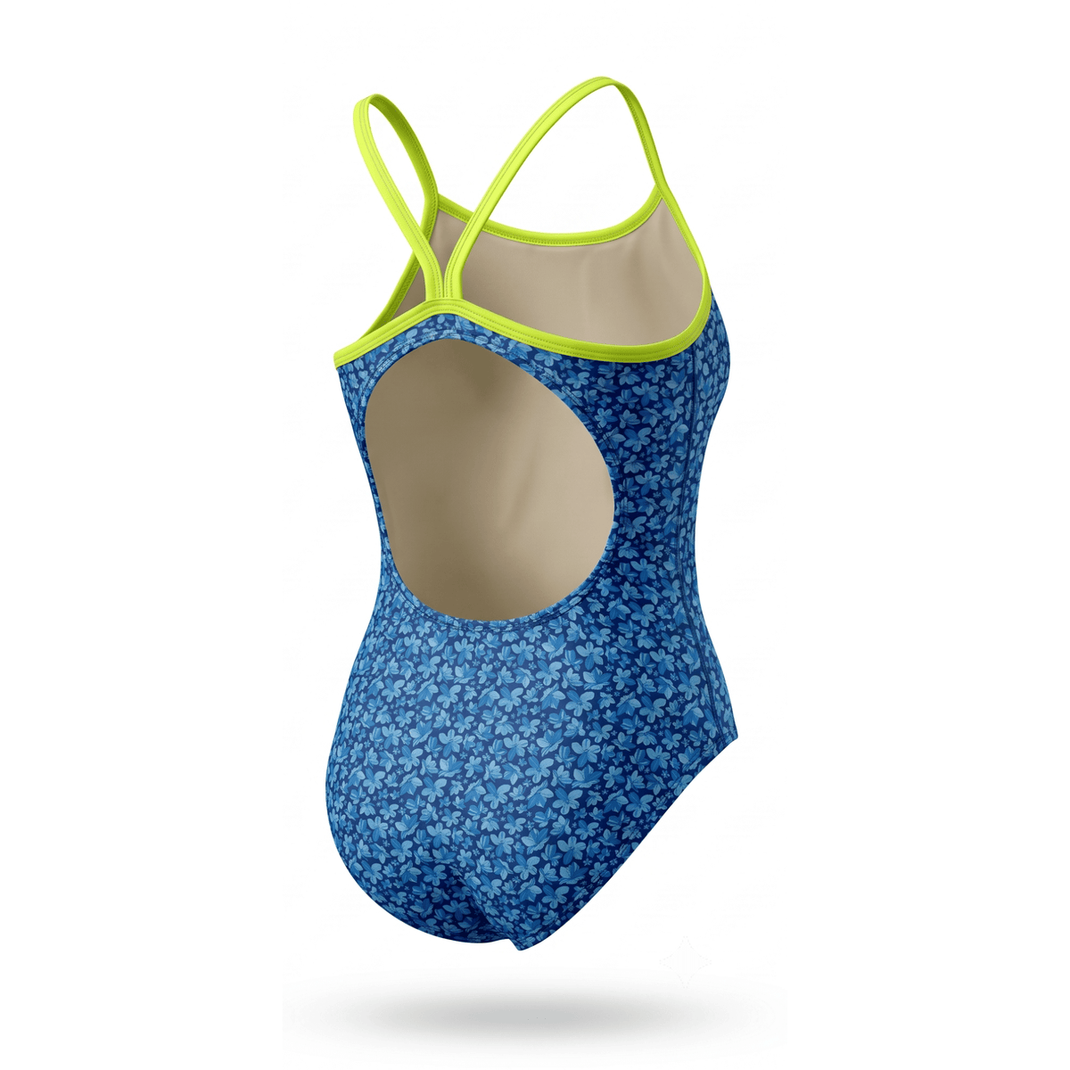 Kikx Extra Life Thin Strap Swimsuit in a Dark Blue Midnight Bloom Print with Neon Yellow Straps