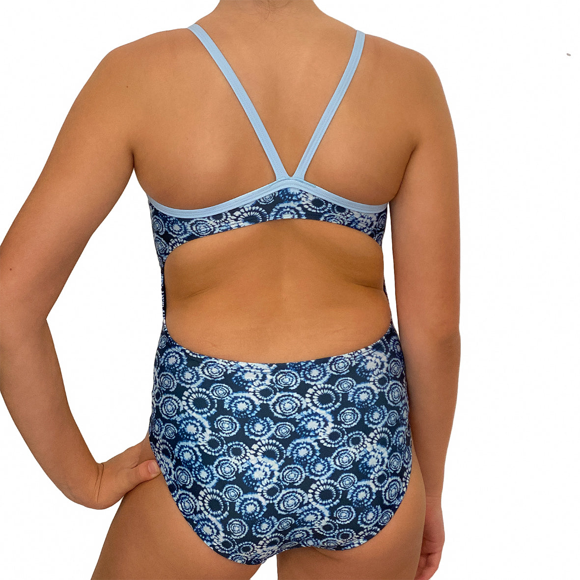 Kikx Extra Life Thin Strap Swimsuit in Tie Dye Ice on Dark Navy and Ice Blue Straps