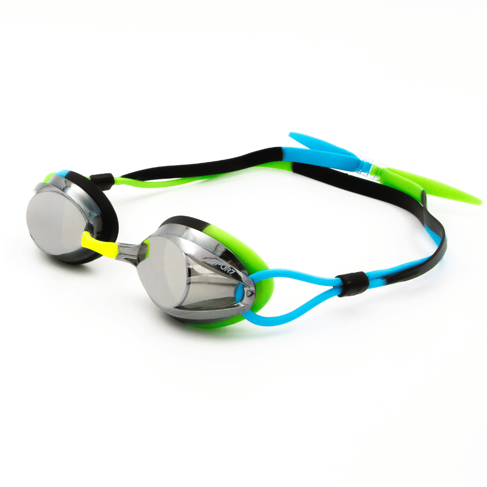 Spurt Hydro R8 Senior Goggle in Black, Neon Yellow, Green, Sky Blue and Smoke Black with Mirror Silver Lens and Light Tint