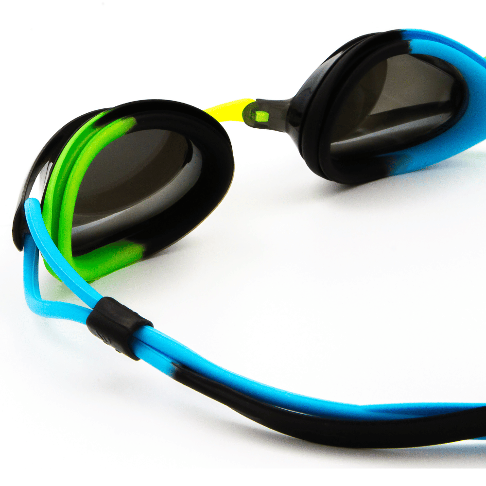 Spurt Hydro R8 Senior Goggle in Black, Neon Yellow, Green, Sky Blue and Smoke Black with Mirror Silver Lens and Light Tint