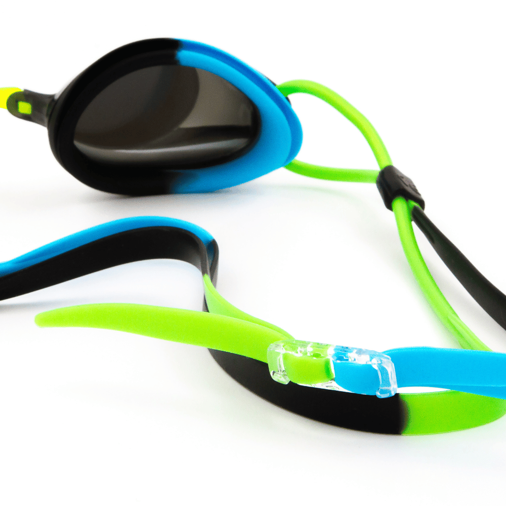 Spurt Hydro R8 Senior Goggle in Black, Neon Yellow, Green, Sky Blue and Smoke Black with Mirror Silver Lens and Light Tint