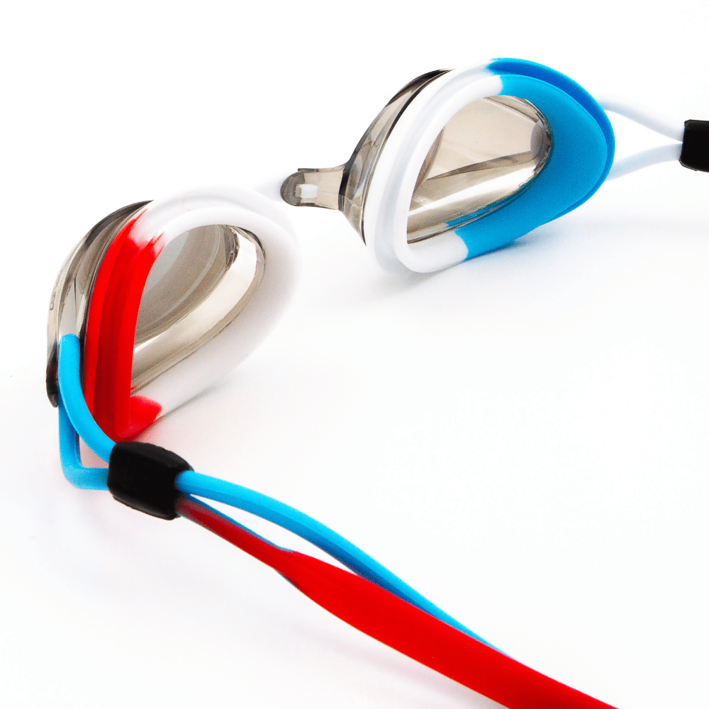 Spurt Hydro R8 Senior Goggle in White, Red and Sky Blue with Mirror Silver Lens and Light Tint