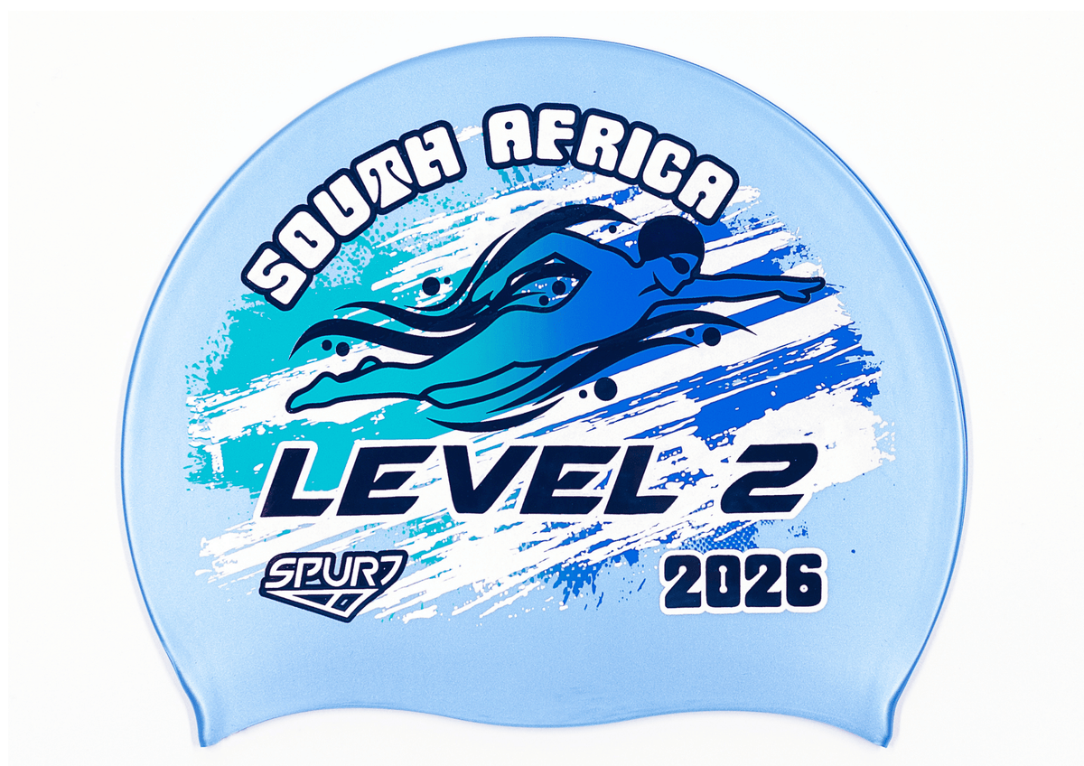LEVEL 2 2026 in Slanted Font and Grungy Brush on SB12 Lavender Blue Spurt Silicone Swim Cap