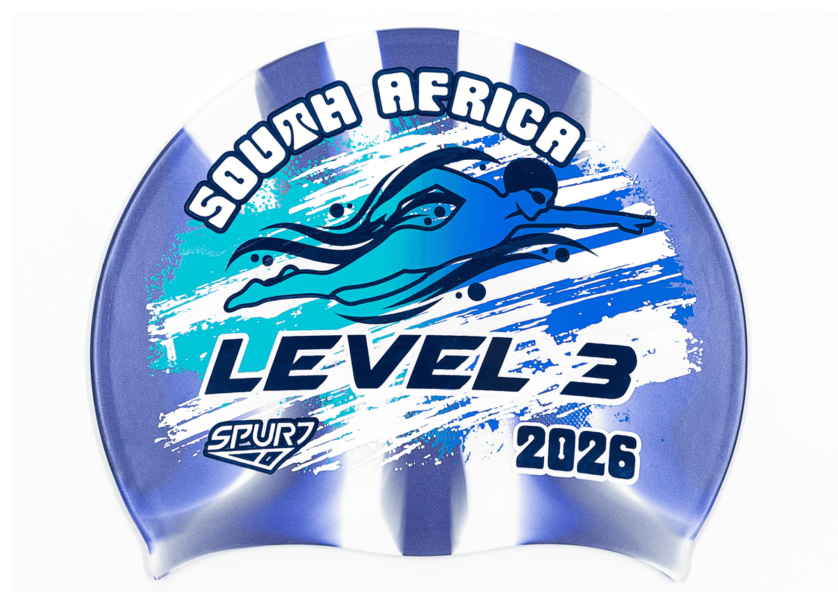 LEVEL 3 2026 in Slanted Font and Grungy Brush on Mi138 Navy and White Vertical Stripes Spurt Silicone Swim Cap