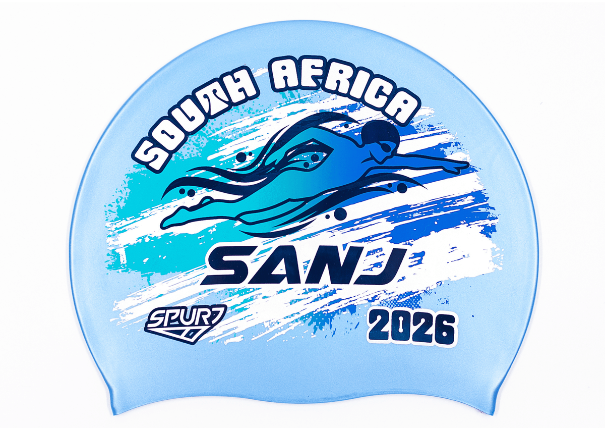 SANJ 2026 in Slanted Font and Grungy Brush on SB12 Lavender Blue Spurt Silicone Swim Cap