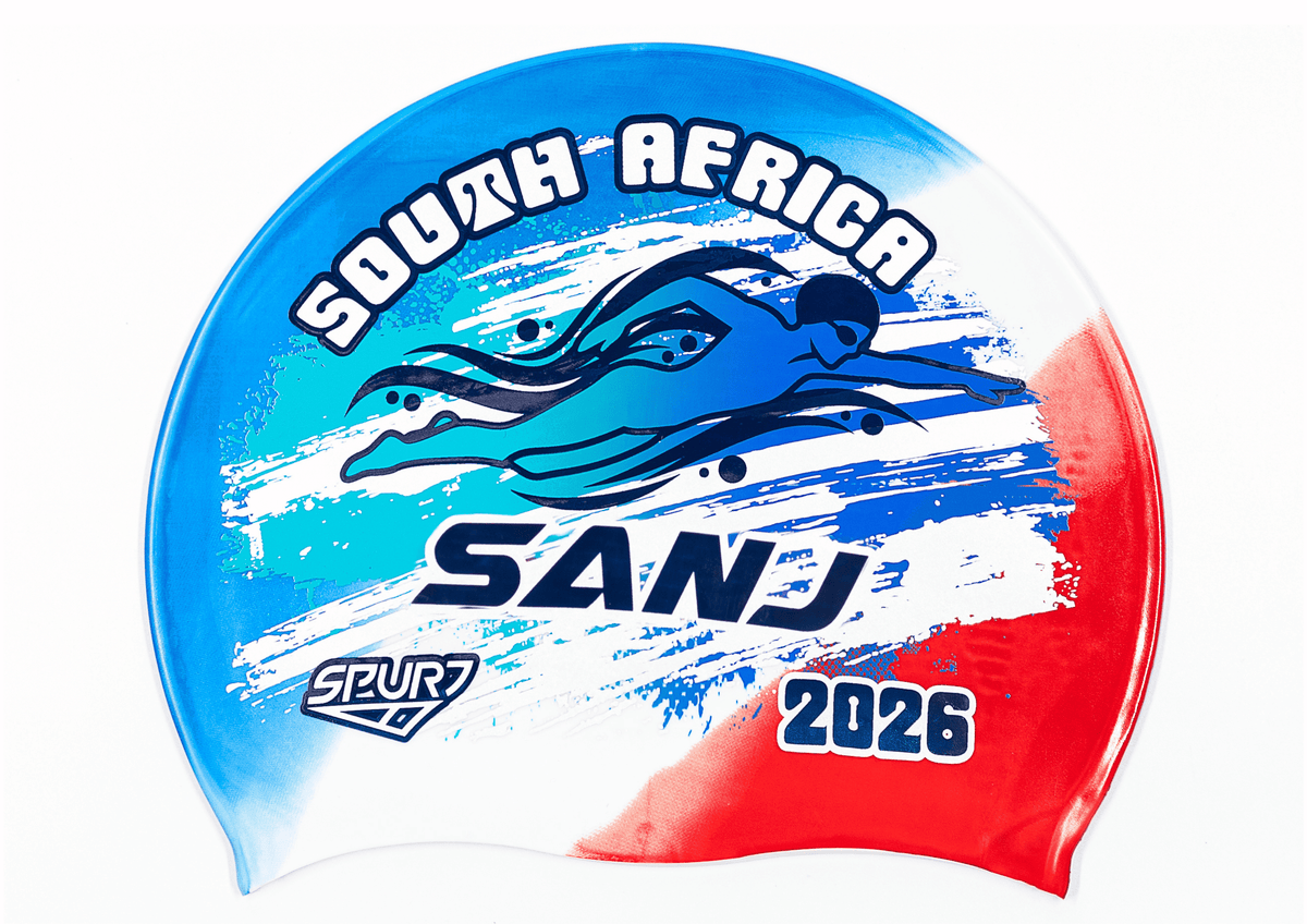 SANJ 2026 in Slanted Font and Grungy Brush on FRA Blue, White and Red Diagonal Blend Spurt Silicone Swim Cap