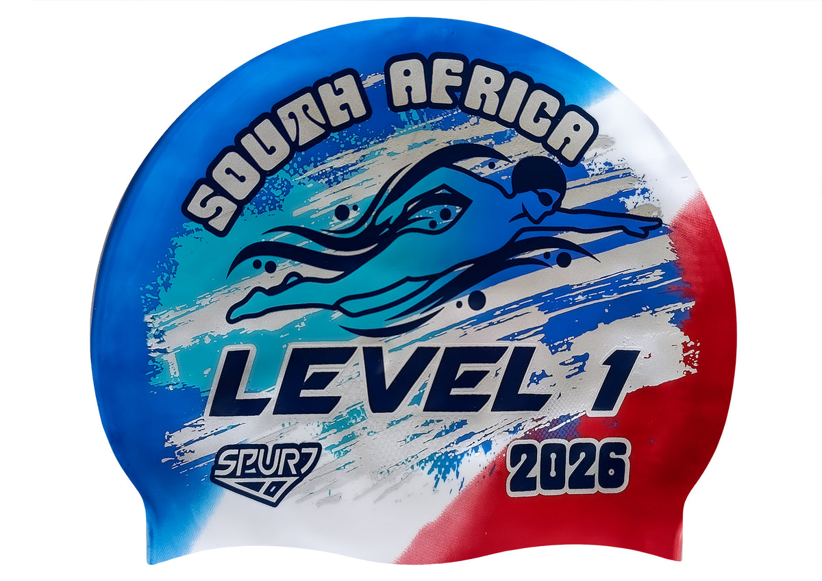 Level 1 2026 in Slanted Font and Grungy Brush on FRA on Blue,White & Red Diagonal Blend Spurt Multi Color Silicone Swim Cap