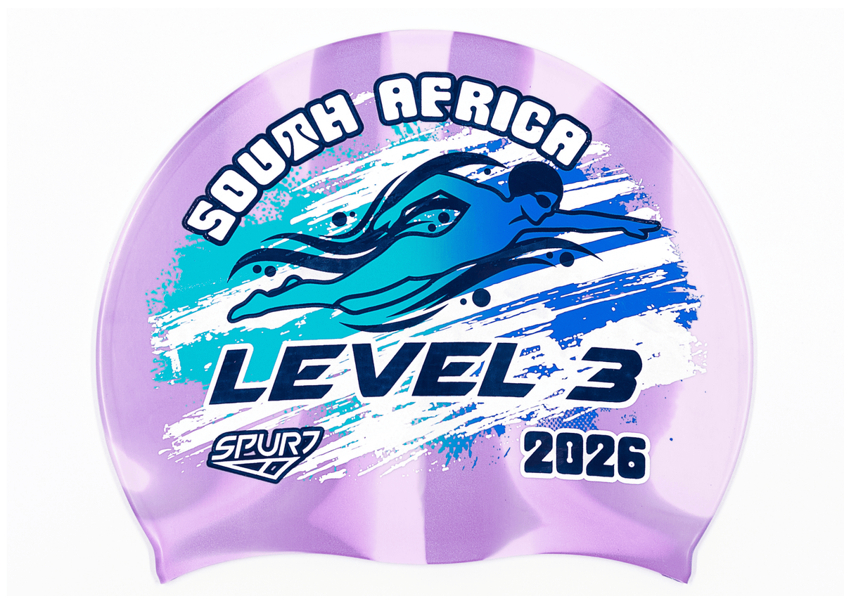 LEVEL 3 2026 in Slanted Font and Grungy Brush on Mi110 Violet and Light Purple Vertical Stripes Spurt Silicone Swim Cap