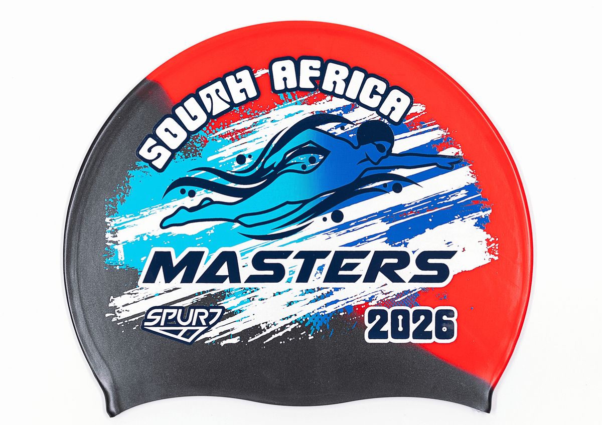 MASTERS 2026 in Slanted Font and Grungy Brush on MW92 Red & Black Diagonal Blend Stripes Spurt Silicone Swim Cap