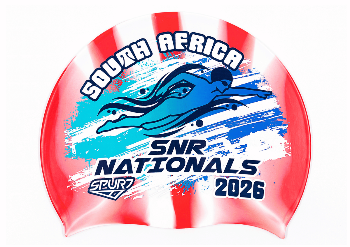 SANS 2026 in Slanted Font and Grungy Brush on Mi139 Red and White Vertical Stripes Spurt Silicone Swim Cap
