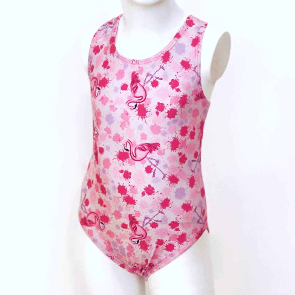 Kikx Extra Life Fastback Swimsuit in Full Print Flamingos in Splashes on Light Pink