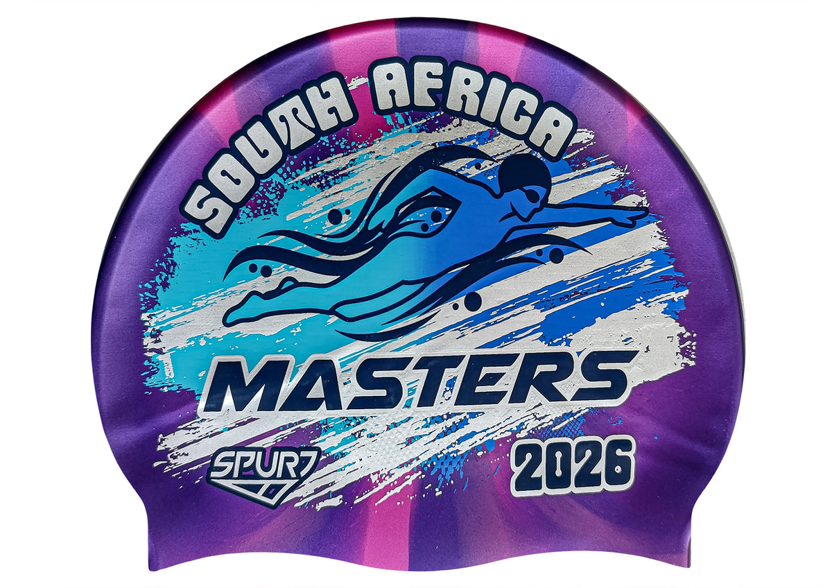 MASTERS 2026 in Slanted Font and Grungy Brush on Mi114 Dark Purple & Pink Vertical Stripes Spurt Silicone Swim Cap